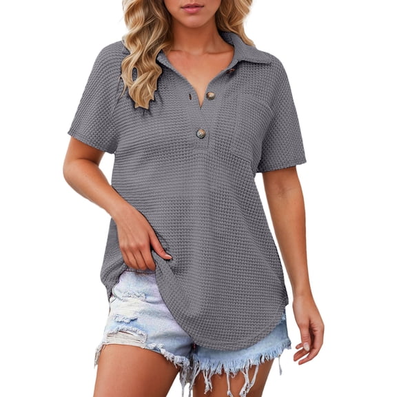 RMGVDSD Womens Tops Tee Shirts Plus Size Womens Waffle Knit Tops Henley Shirts Short Sleeve V Neck Solid Color Casual Trendy Tunic Stylish Blouses