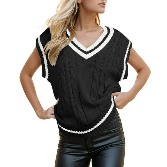 RMGVDSD Womens Tops V Neck Oversized Sweaters Vest Sleeveless Knit Pullover Striped Sweater Casual Tennis Top Solid Color Loose Fit Basic Pullover Top /Black
