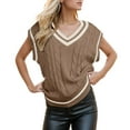 thumbnail image 1 of RMGVDSD Womens Tops V Neck Oversized Sweaters Vest Sleeveless Knit Pullover Striped Sweater Casual Tennis Top Solid Color Sweater Fall Outfits for Women /Khaki, 1 of 6