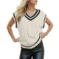 thumbnail image 1 of RMGVDSD Womens Tops V Neck Oversized Sweaters Vest Sleeveless Knit Pullover Striped Sweater Casual Tennis Top Solid Color Trendy Casual Fall Sweater /White, 1 of 6