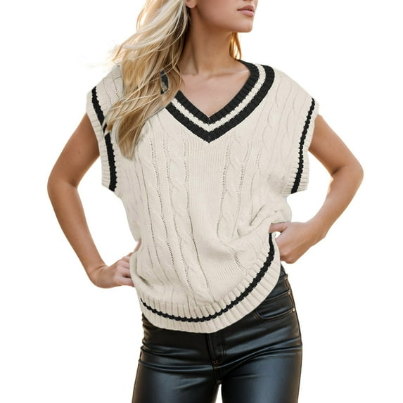 RMGVDSD Womens Tops V Neck Oversized Sweaters Vest Sleeveless Knit Pullover Striped Sweater Casual Tennis Top Solid Color Trendy Casual Fall Sweater /White