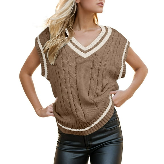 RMGVDSD Womens Tops V Neck Oversized Sweaters Vest Sleeveless Knit Pullover Striped Sweater Casual Tennis Top Solid Color Trendy Casual Sweater Tops /Khaki