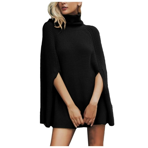RMGVDSD Womens Turtleneck Knitted Sweater Batwing Sleeveless Hem Side Slit Pullover Tops Solid Color Loose Cape Shawl Comfort Pullover Sweater Tops /Black