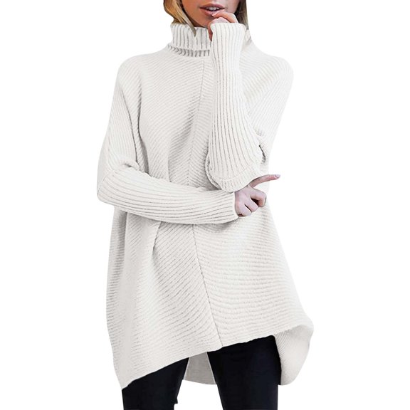 RMGVDSD Womens Turtleneck Long Batwing Sleeve Asymmetric Hem Casual Pullover Sweater Knit Tops Oversized Sweaters Solid Color Soft Pullover Hoodie Knitwear /White