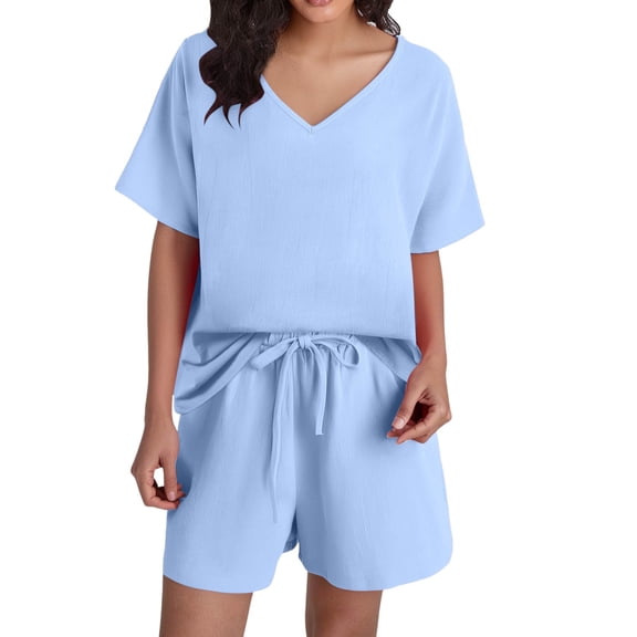 RMGVDSD Womens Two Piece Outfits Summer Linen Short Sleeve Casual Loose Fit Drawstring Shorts Sets With Pockets Casual Beach Shorts Set