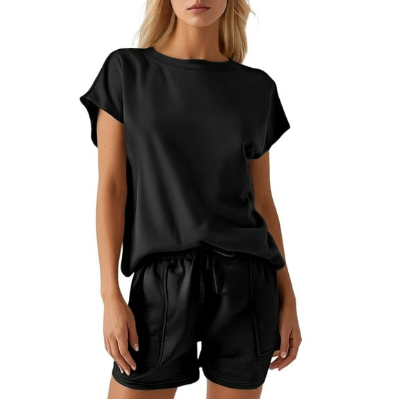 RMGVDSD Womens Two Piece Set Casual Crew Neck Short Sets Cap Sleeve Tops And Drawstring Shorts Summer Sweatsuit Business Casual Dressy Outfit