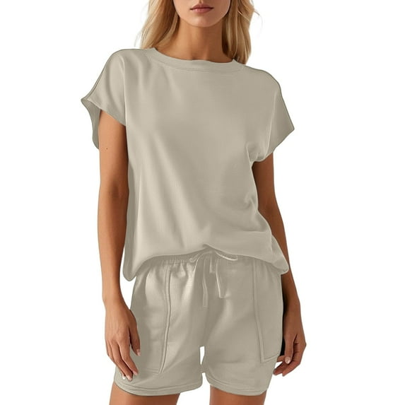 RMGVDSD Womens Two Piece Set Casual Crew Neck Short Sets Cap Sleeve Tops And Drawstring Shorts Summer Sweatsuit Women Shorts Sets Streetwear