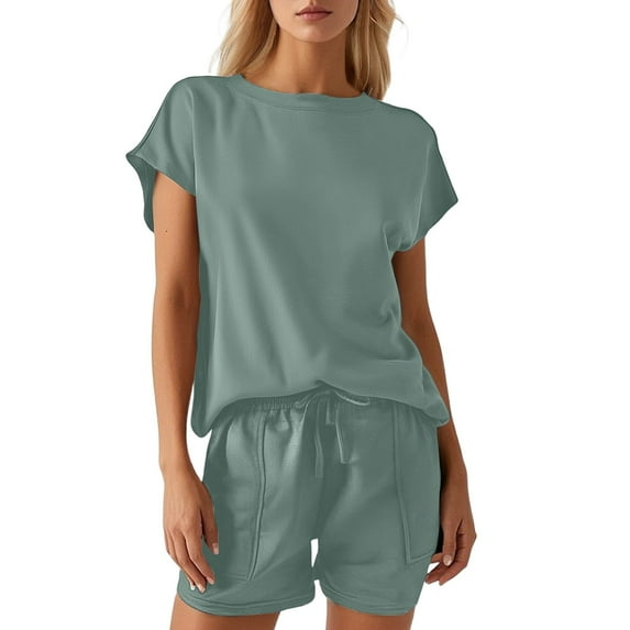 RMGVDSD Womens Two Piece Set Casual Crew Neck Short Sets Cap Sleeve Tops And Drawstring Shorts Summer Sweatsuit Womens Short Summer Outfits