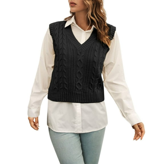 RMGVDSD Womens V Neck Knit Sweater Vest Preppy Style Sleeveless Crop Knit Vest Tops Solid Color Fashion Pullover Sweater Tops /Black