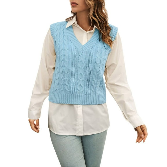 RMGVDSD Womens V Neck Knit Sweater Vest Preppy Style Sleeveless Crop Knit Vest Tops Solid Color Fashion Winter Clothes Sweater /Light Blue