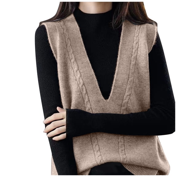 RMGVDSD Womens V Neck Sweater Vest Solid Color Plaid High School Sleeveless Knitted Vest Tops Trendy Casual Knitted Tops /Khaki