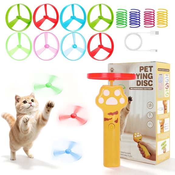 RMGVG Rechargeable Cat Fetch Launcher, Interactive Indoor Activity Product with 8 Discs and 4 Spring Attachments, Yellow