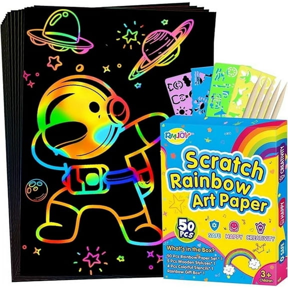 RMJOY Rainbow Scratch Paper Sets: 60pcs Magic Art Craft Scratch Off Papers Supplies Kits Pad for Age 3-12 Kids Girl Boy Teen Toy Game Gift for Birthday|Party Favor|DIY Activities|Painting Game Gift