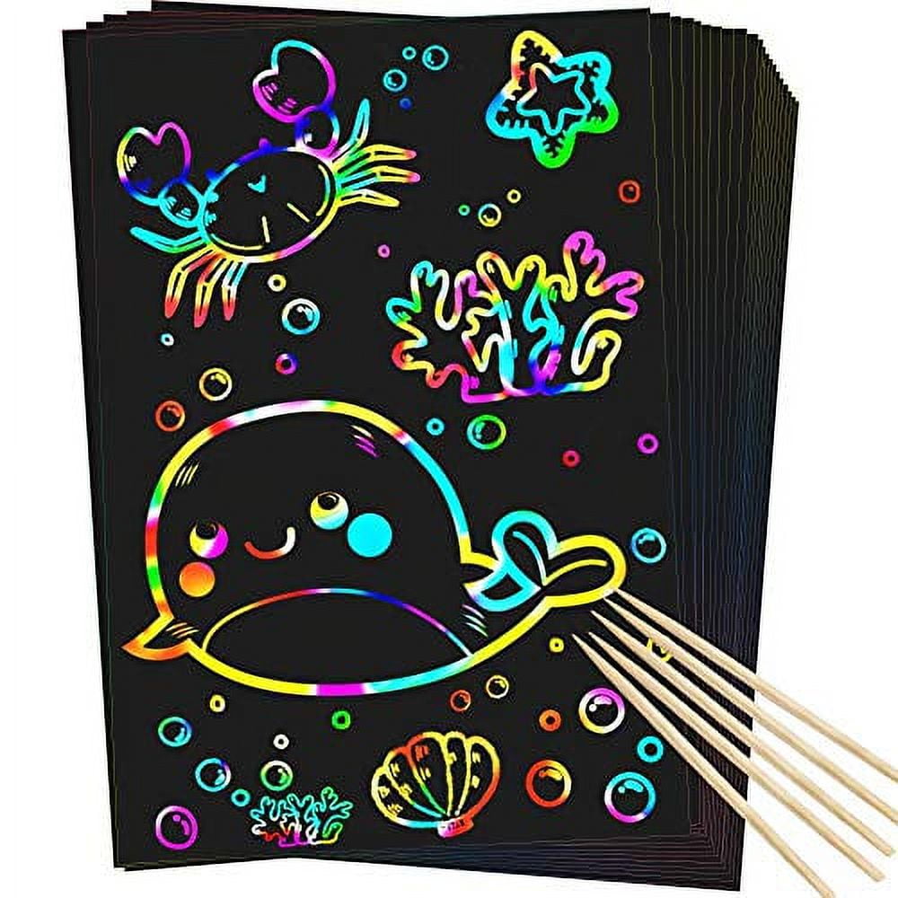 Creative Kids Rainbow Scratch Paper Craft Set - 185 Pieces Scratch Paper  Art Kit - Black Scratch Off Pad - Magic Scratchboard Sheets, Stencils -  Great