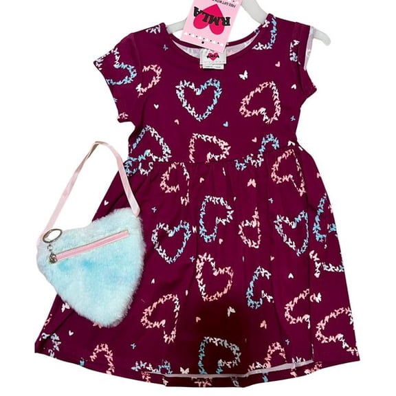 RMLA Toddler Girls Burgundy Heart Dress with Pink Fuzzy Purse, Tie Dye Hearts Party Outfit 4T