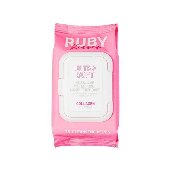 Ruby Kisses Makeup Remover Wipes, Daily Facial Cleanser Towelettes for Waterproof Makeup, Micellar Face Cleansing Wipes for Sensitive Skin, Hydrating & Refreshing, 35 Count (Collagen)