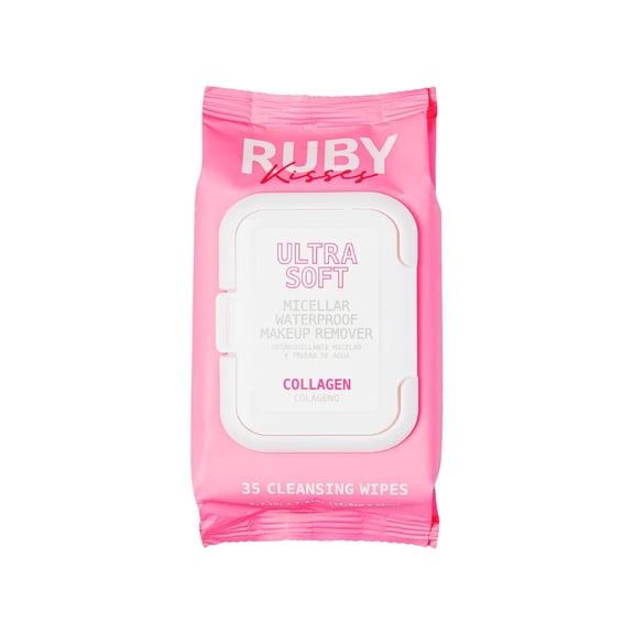 Ruby Kisses Makeup Remover Wipes, Daily Facial Cleanser Towelettes for Waterproof Makeup, Micellar Face Cleansing Wipes for Sensitive Skin, Hydrating & Refreshing, 35 Count (Collagen)