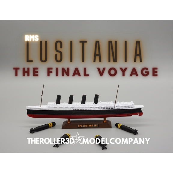 RMS Lusitania Wartime Model 1 Foot in Length, Highly Detailed Replica with Torpedos and Stand