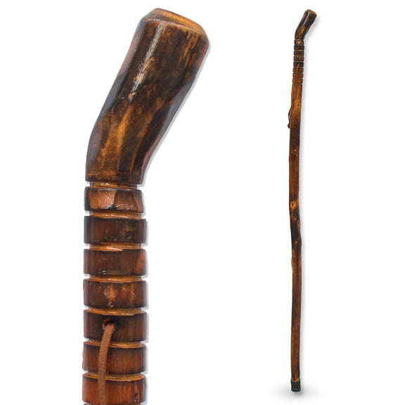 RMS Natural Wood Walking Stick - 48" Handcrafted Wooden Hiking Stick and Trekking Pole with Wrist Strap (Grooved Handle)