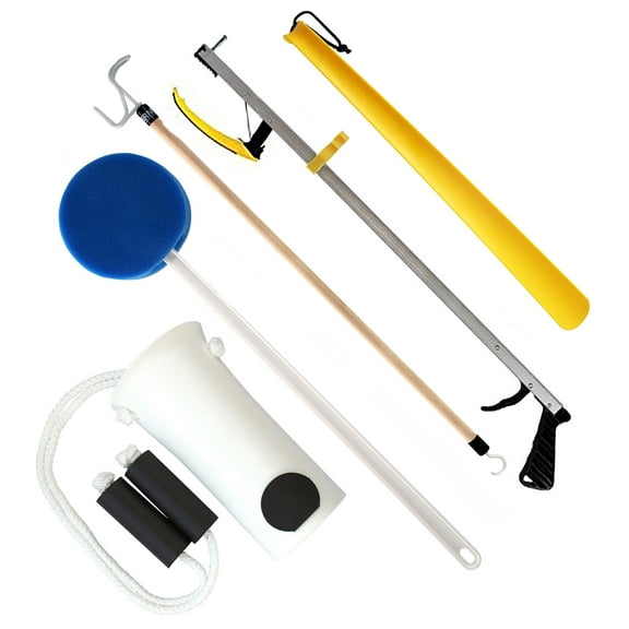 RMS 5-Piece Hip Kit with 32” Reacher, Sock Aid, Dressing Stick, Bath Sponge & Shoe Horn – Long-Term Orthopedic Daily Living Aids for Chronic Hip, Knee & Mobility Limitations