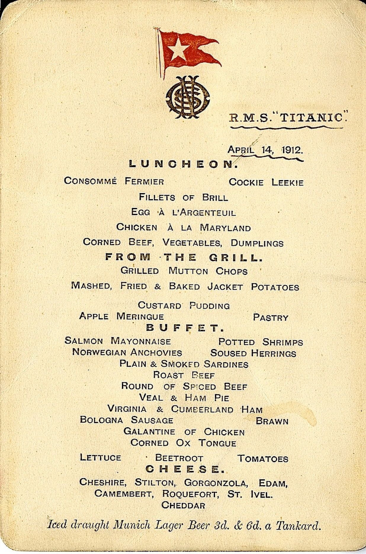 RMS Titanic Menu for 14th April 1912 Canvas Art - (18 x 24)