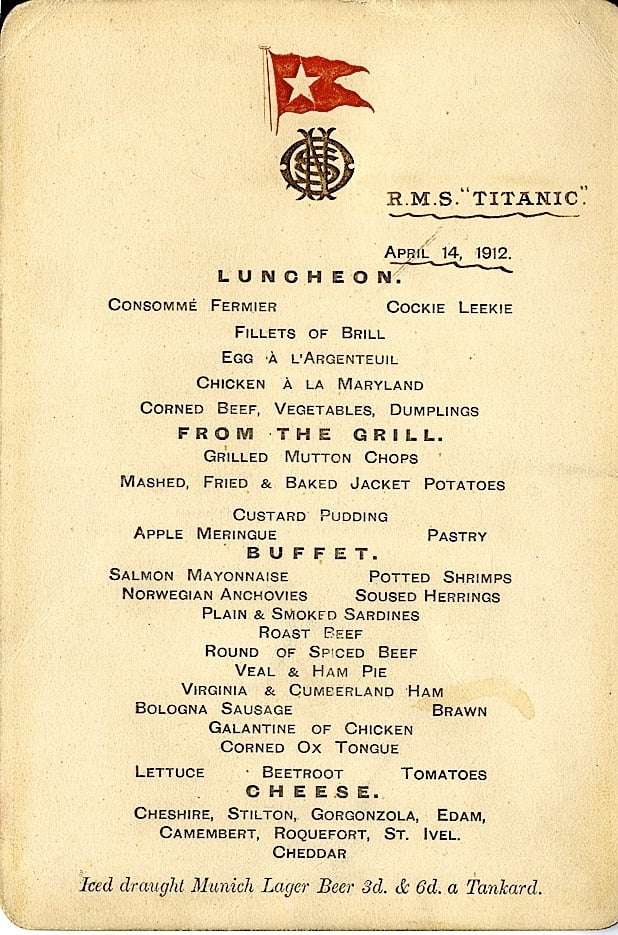 RMS Titanic Menu for 14th April 1912 Canvas Art -  (24 x 36)
