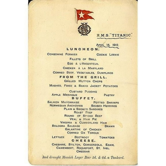 RMS Titanic Menu for 14th April 1912 Poster Print