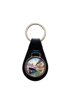 RMS Titanic Ocean Liner Cruise Ship Underway Watercolor Metal Black Leather Keychain