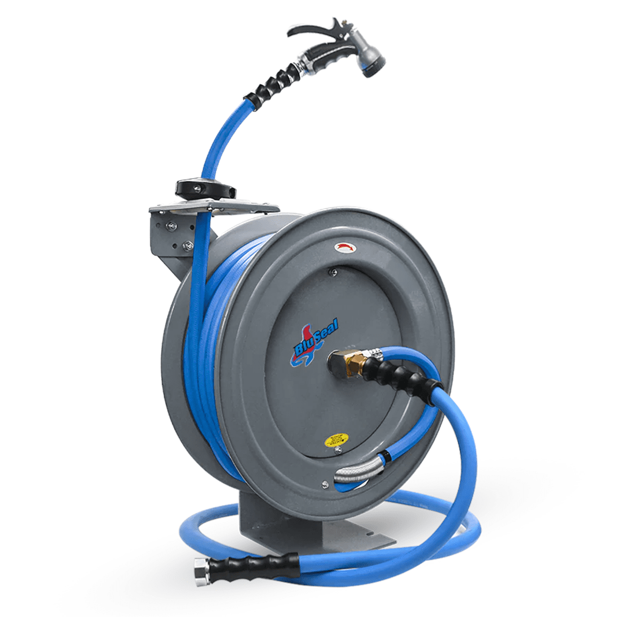 BluBird BluSeal Garden Hose Reel 5/8" x 50' Retractable Heavy Duty Steel Construction with Garden Hose, Spray Nozzle, 6' Lead-in Hose - Grey