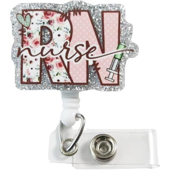 RN Badge Reel - Pink Glitter Floral Retractable ID Holder with Syringe, Registered Nurse Accessory