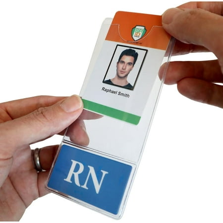 RN BadgeBottom Vertical Badge Buddy & ID Holder Combo - Heavy Duty 2 in 1 Badge Bottom I’D Protector Nursing Accessories - USA Printed Double Sided Role Card Clear Sleeve by Specialist ID (Blue)