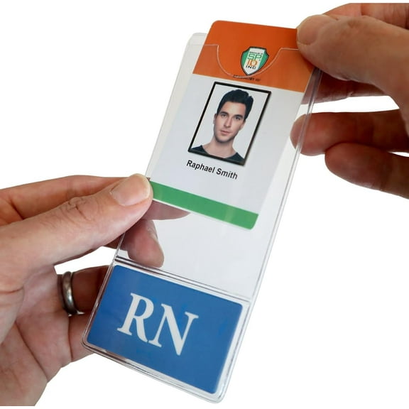 RN BadgeBottom Vertical Badge Buddy & ID Holder Combo - Heavy Duty 2 in 1 Badge Bottom I’D Protector Nursing Accessories - USA Printed Double Sided Role Card Clear Sleeve by Specialist ID (Blue)