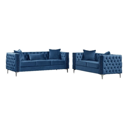 RN Furnishings 2 Piece Button Tufted Velvet Contemporary Sofa Set -Blue