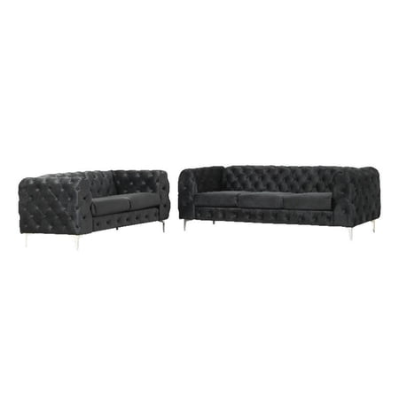 RN Furnishings 2- Piece Button Tufted Velvet Fabric Sofa Set -Black