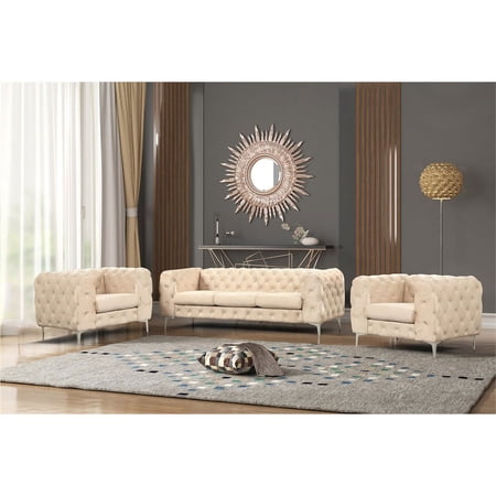 RN Furnishings 3- Piece Button Tufted Velvet Fabric Livingroom Set -Beige