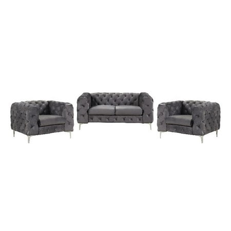 RN Furnishings 3- Piece Button Tufted Velvet Fabric Livingroom Set -Grey