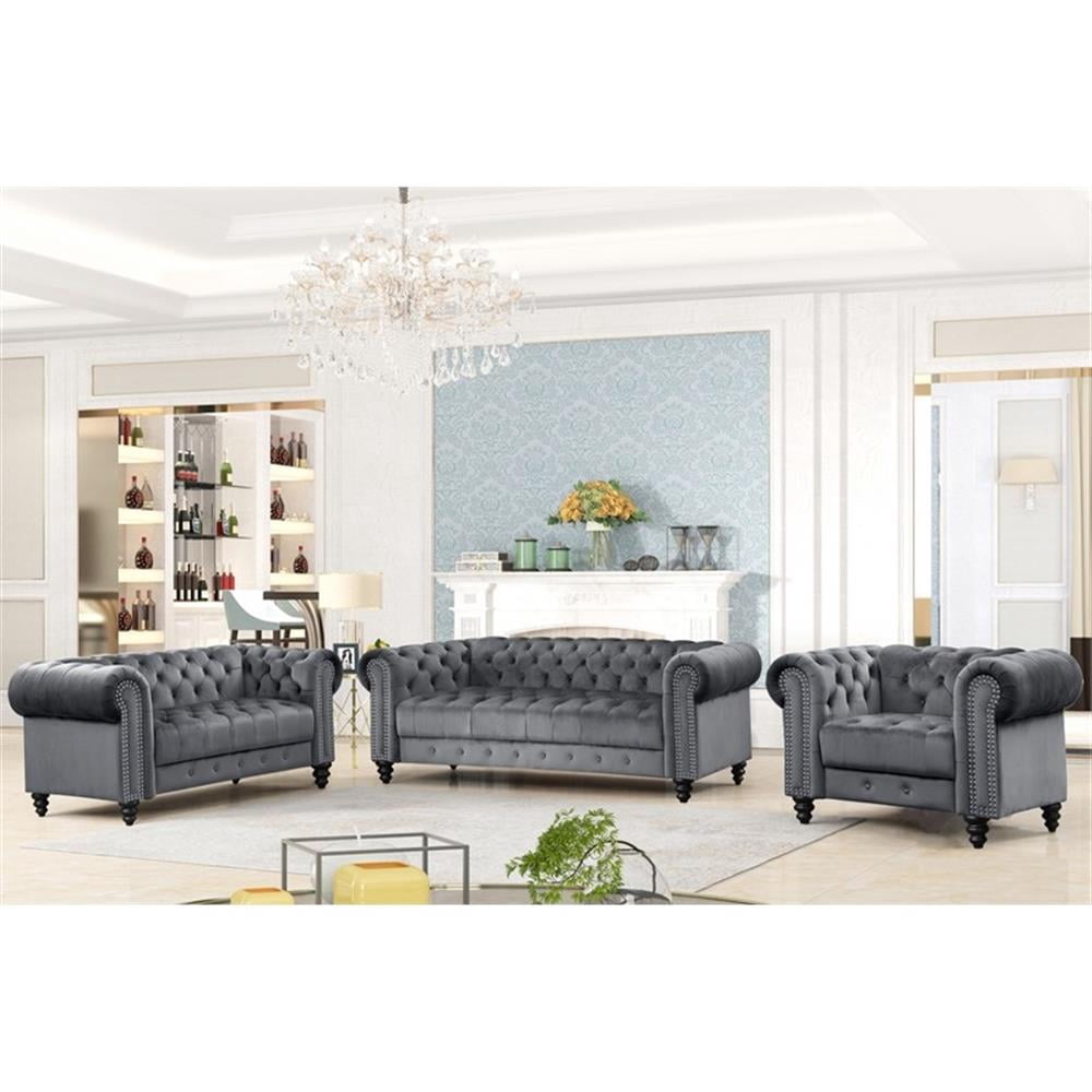 RN Furnishings Chesterfield Living Room Classic 3 Piece Velvet Fabric ...