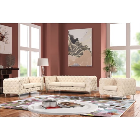 RN Furnishings 3- Piece Button Tufted Velvet Fabric Sofa Set -Beige