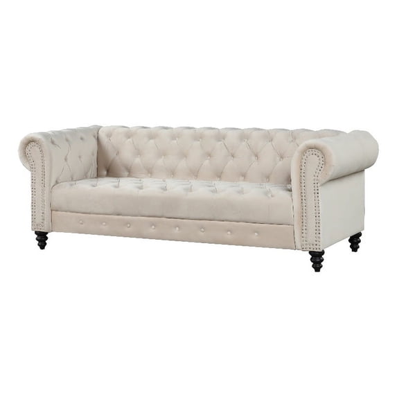 RN Furnishings Chesterfield 89" Button Tufted Velvet Fabric Sofa-Beige