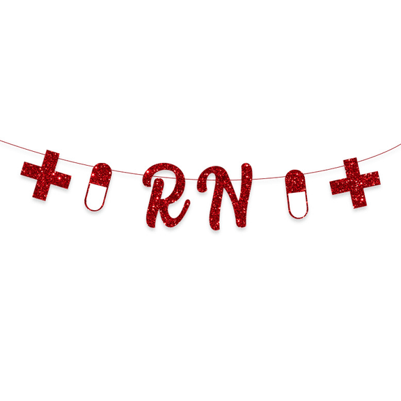 RN Glitter Banner, Red, Nurse Graduation Party Decoration, Medical Theme, Pill and Cross Design