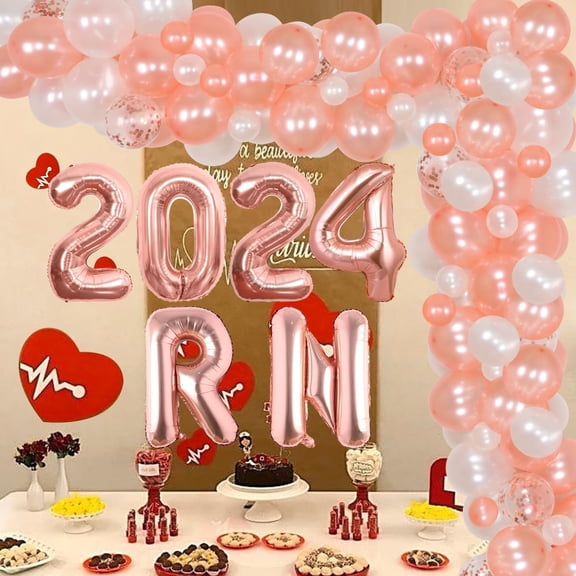 RN Graduation Decorations 2024 Rose Gold Nurse Themed Graduation Balloon Garland Kit with Rose Gold White Latex Balloons RN Letters Number 2024 Foil Balloons Nursing School Graduation Party Favors