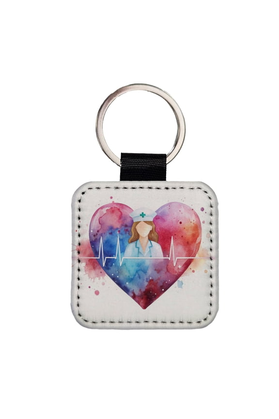 RN Nurse Life Pulse Heart Beat Watercolor Faux Leather Square Keychain
