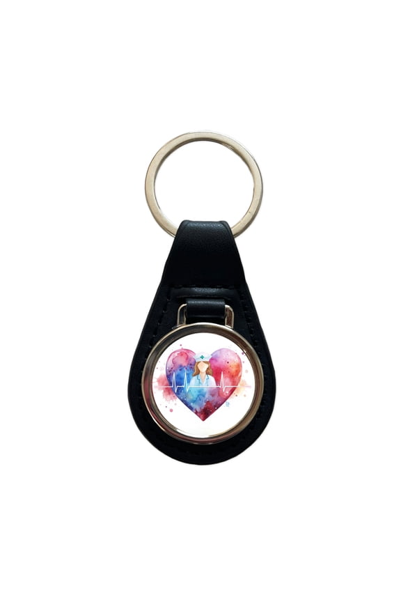 RN Nurse Life Pulse Heart Beat Watercolor Metal Black Leather Keychain