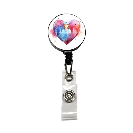 RN Nurse Life Pulse Heart Beat Watercolor Retractable Reel ID Badge Key Card Name Tag Holder with Clip
