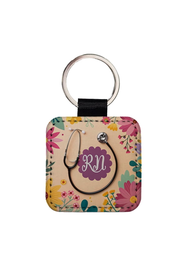 RN Registered Nurse Appreciation Stethoscope Flowers Faux Leather Square Keychain