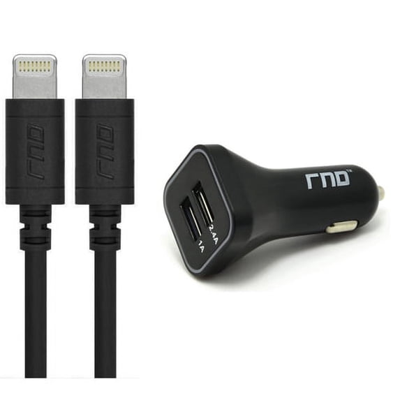 RND Apple Certified Lightning to USB Cables (3.2 feet/ 2-pack) and Dual 3.4 A USB Car Charger for iPhone (7, 7 Plus, 6, 6 Plus, 6S, 6S Plus, 5, 5S, 5C, SE) iPad (Pro, Air, Mini) and iPod (Black)