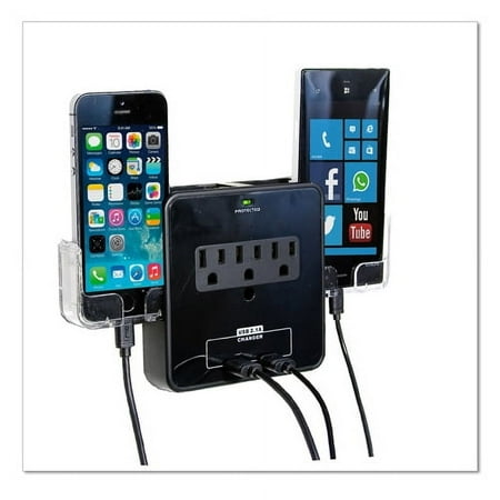 RND Power Solutions Wall Power Station includes 3 AC Plugs and 2 USB ports with Surge Protection and 2 slide-out holders for your Smartphone (Black) (2-pack black 6FT Micro Cables included)