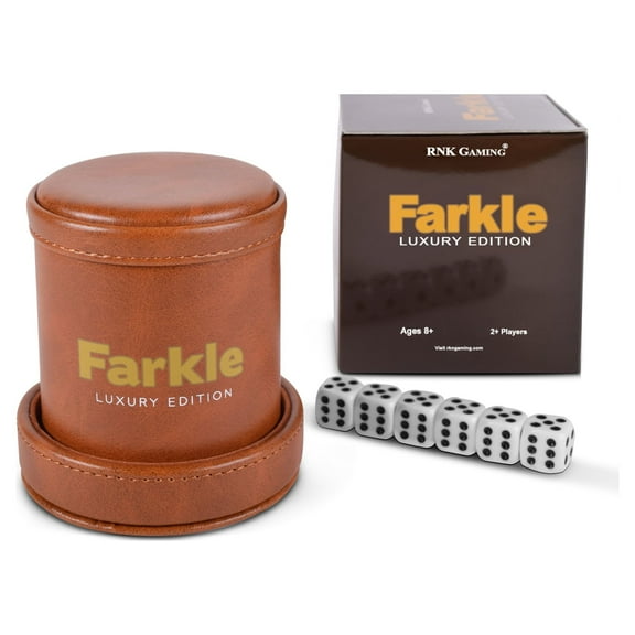 RNK Gaming Farkle Luxury Edition Game with Brown PU Leather Dice Cup