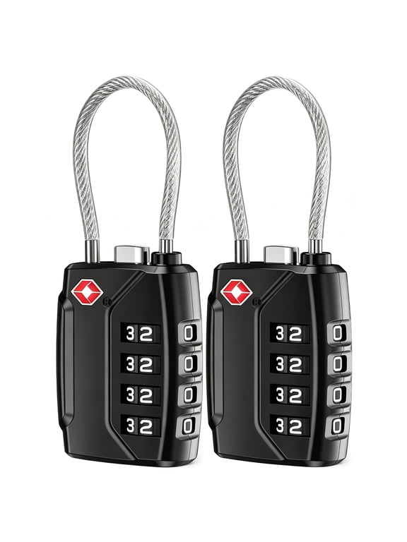 2 Pack TSA Approved Luggage Locks, 4 Digit Combination Travel Cable Locks with Resettable Code, Zinc Alloy Padlocks for Suitcase, Backpack, Gym Locker & Toolbox, Black