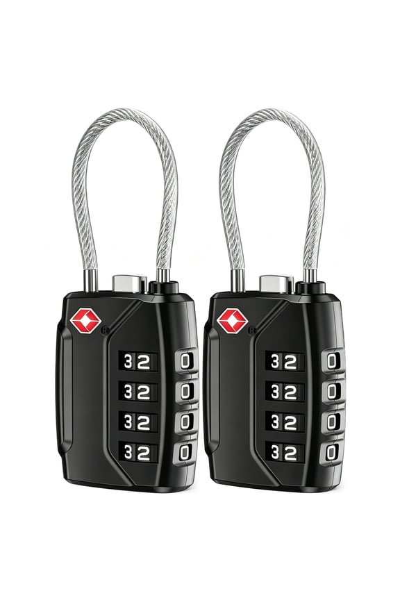 2 Pack TSA Approved Luggage Locks, 4 Digit Combination Travel Cable Locks with Resettable Code, Zinc Alloy Padlocks for Suitcase, Backpack, Gym Locker & Toolbox, Black